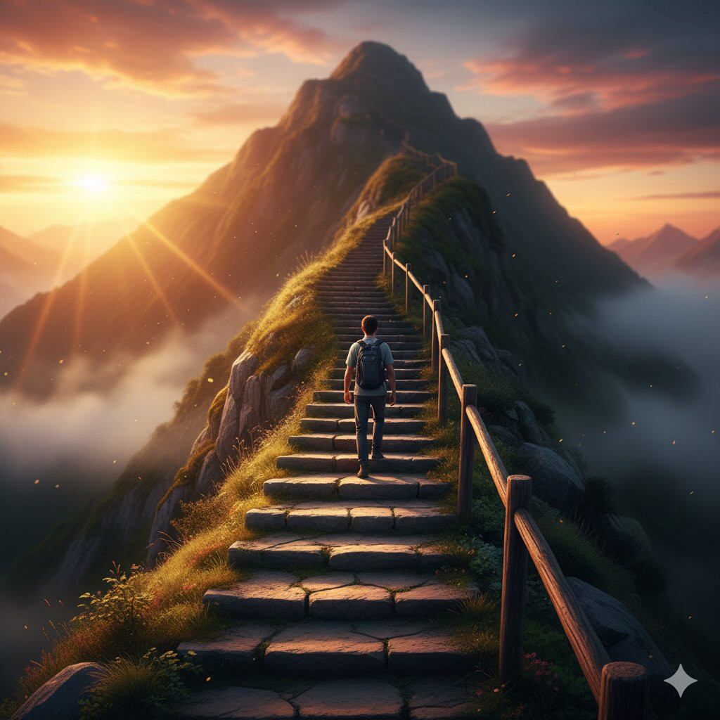 Bahagia Bukan Puncak Gunung, Tapi Cara Naik Tangga